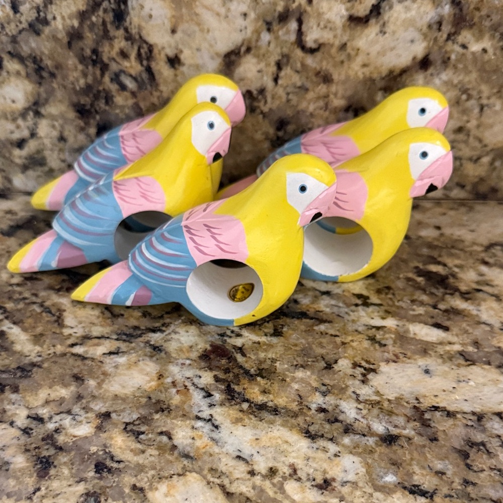 Vintage Decorative Yellow Pink Blue Parrot Napkin Rings Rings - Set of 5